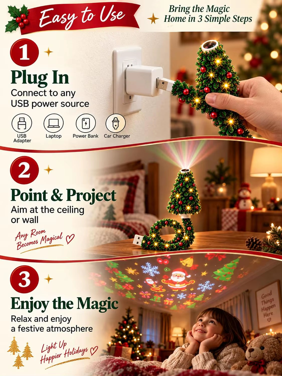 Plug and Play Christmas Tree Ceiling Projector, USB Flexible Tree Lamp 6 Festive Projection Scenes, Flexible Tree-Inspired Body