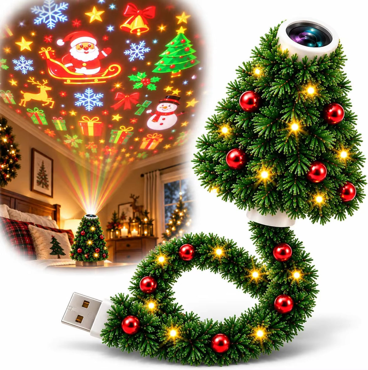 Plug and Play Christmas Tree Ceiling Projector, USB Flexible Tree Lamp 6 Festive Projection Scenes, Flexible Tree-Inspired Body