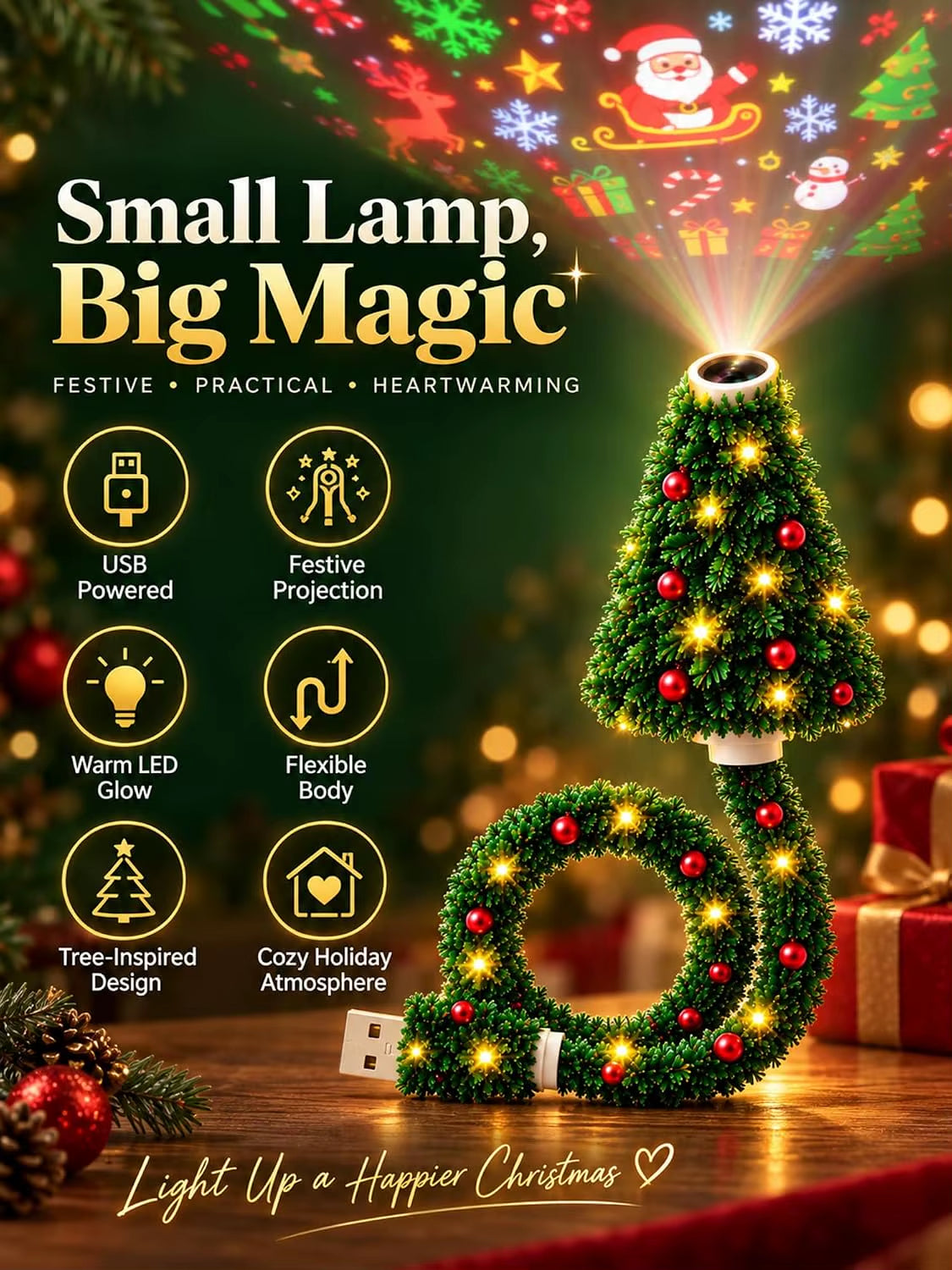 Plug and Play Christmas Tree Ceiling Projector, USB Flexible Tree Lamp 6 Festive Projection Scenes, Flexible Tree-Inspired Body