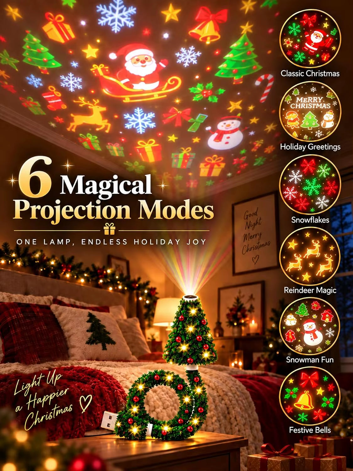 Plug and Play Christmas Tree Ceiling Projector, USB Flexible Tree Lamp 6 Festive Projection Scenes, Flexible Tree-Inspired Body