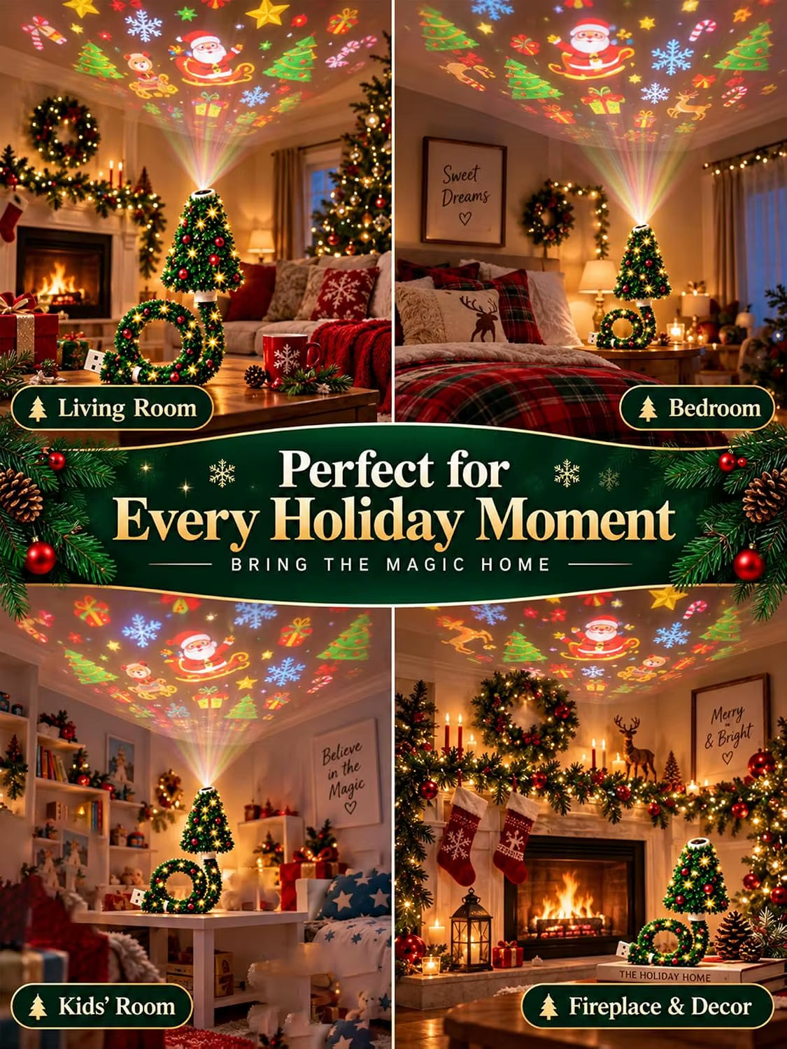 Plug and Play Christmas Tree Ceiling Projector, USB Flexible Tree Lamp 6 Festive Projection Scenes, Flexible Tree-Inspired Body